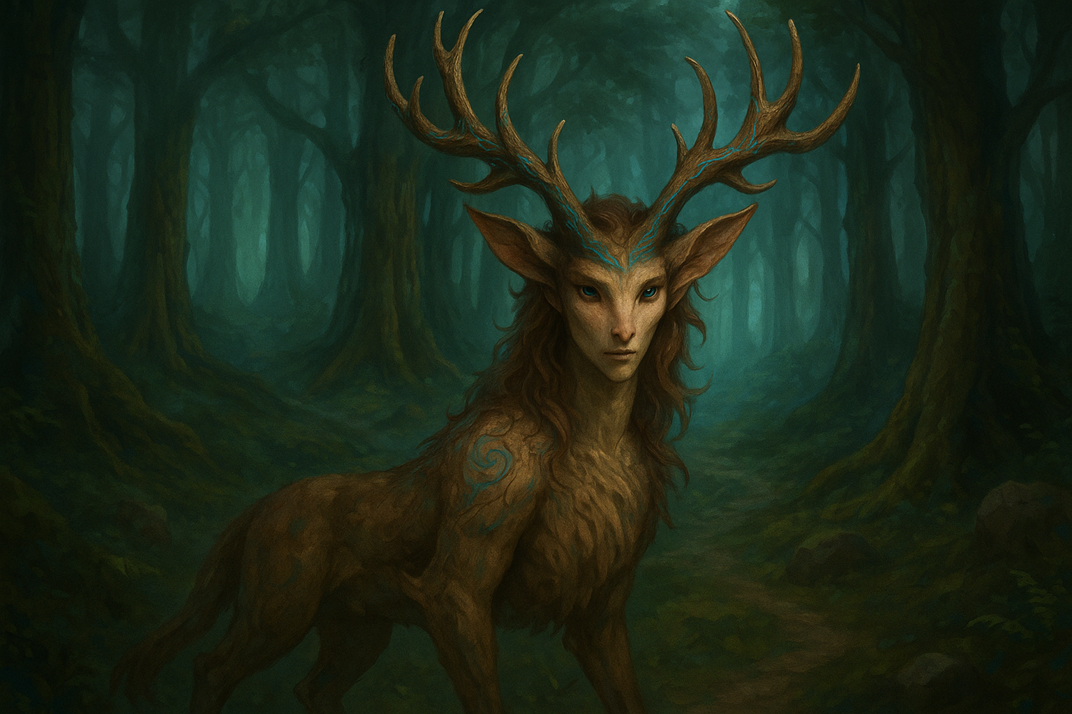 A mystical forest with an AI-generated fantasy creature, representing the immersive nature of fantasy AI roleplay apps.