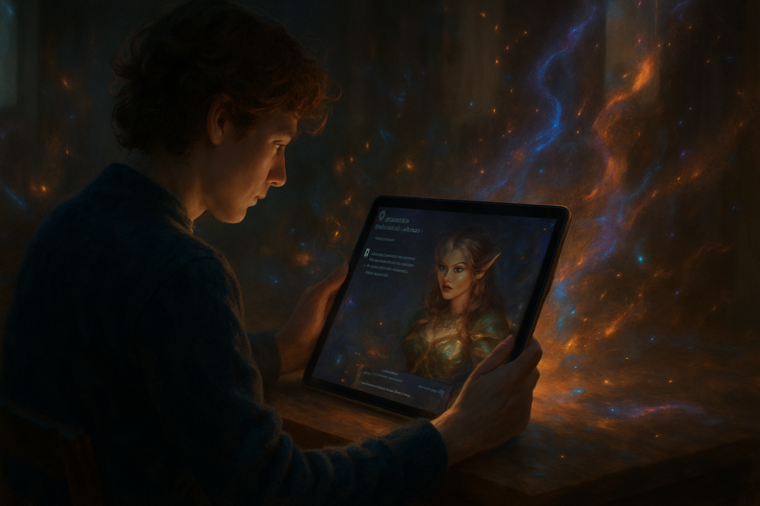 A person deeply engaged in a fantasy AI roleplay session on a tablet, surrounded by magical visual effects.