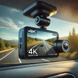 4K dash cam mounted on a car windshield recording a scenic highway