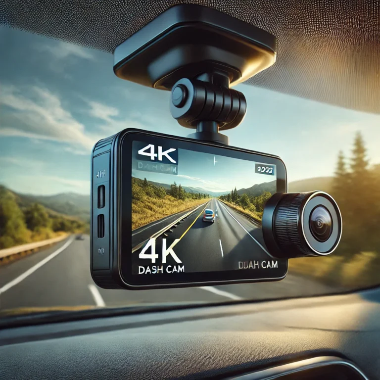 4K dash cam mounted on a car windshield recording a scenic highway